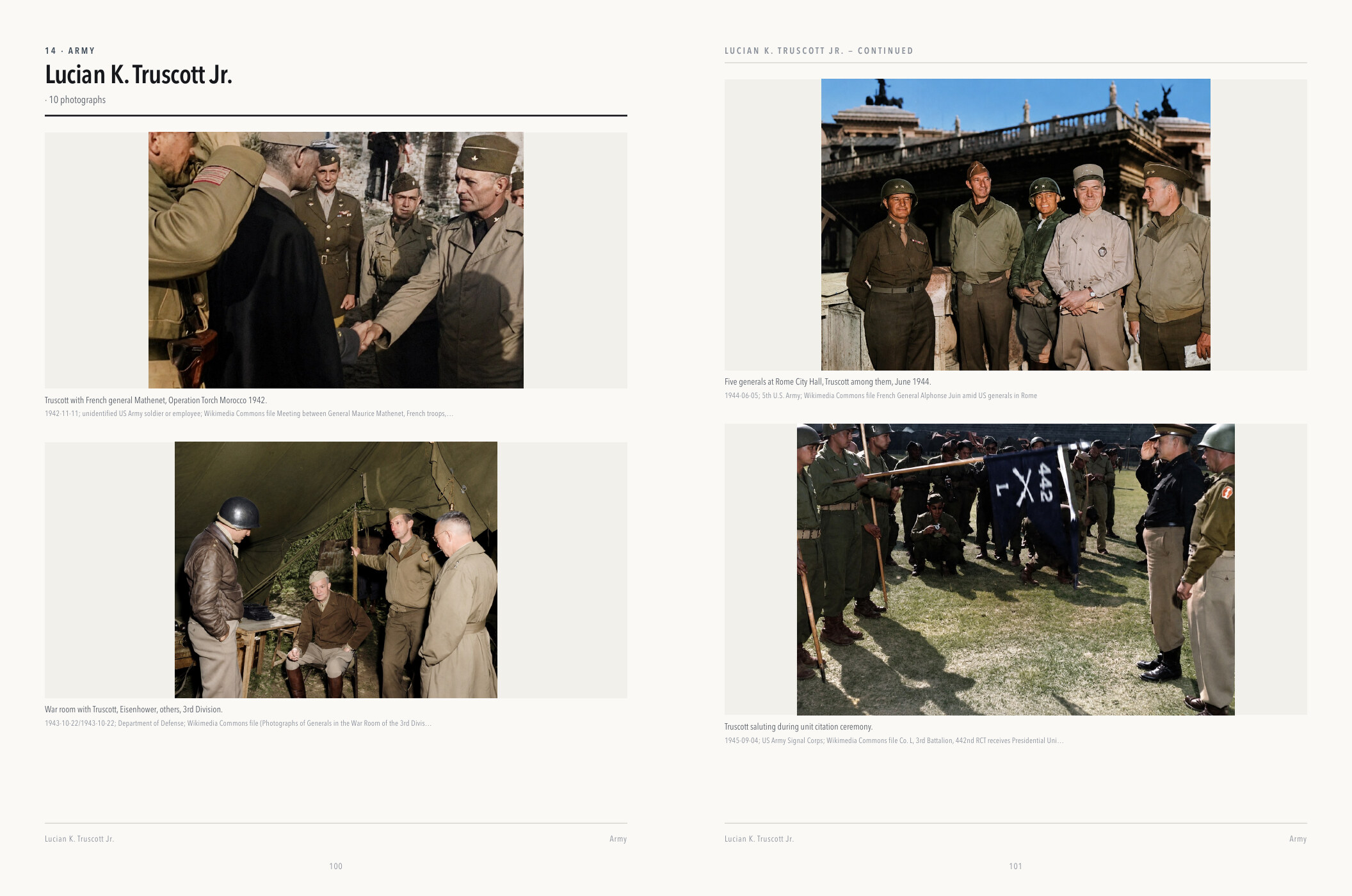 Two-page colour gallery spread for Lucian K. Truscott Jr., with four interpreted photographs, captions and credits