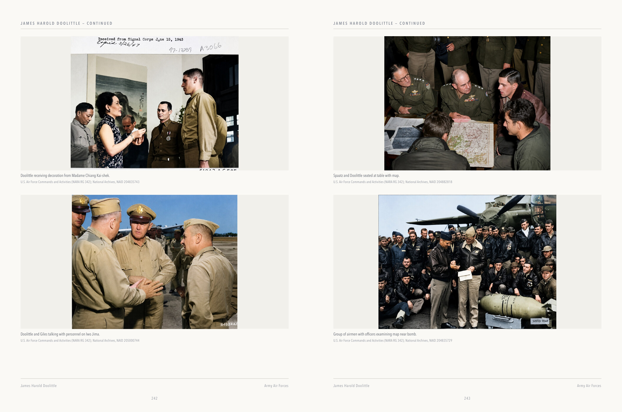 Two-page colour gallery spread for James H. Doolittle, with four interpreted photographs, captions and National Archives credits