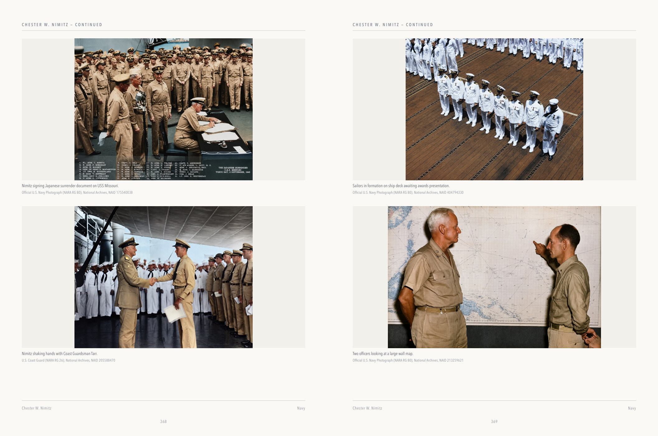 Two-page colour gallery spread for Chester W. Nimitz, with four interpreted photographs, captions and National Archives credits