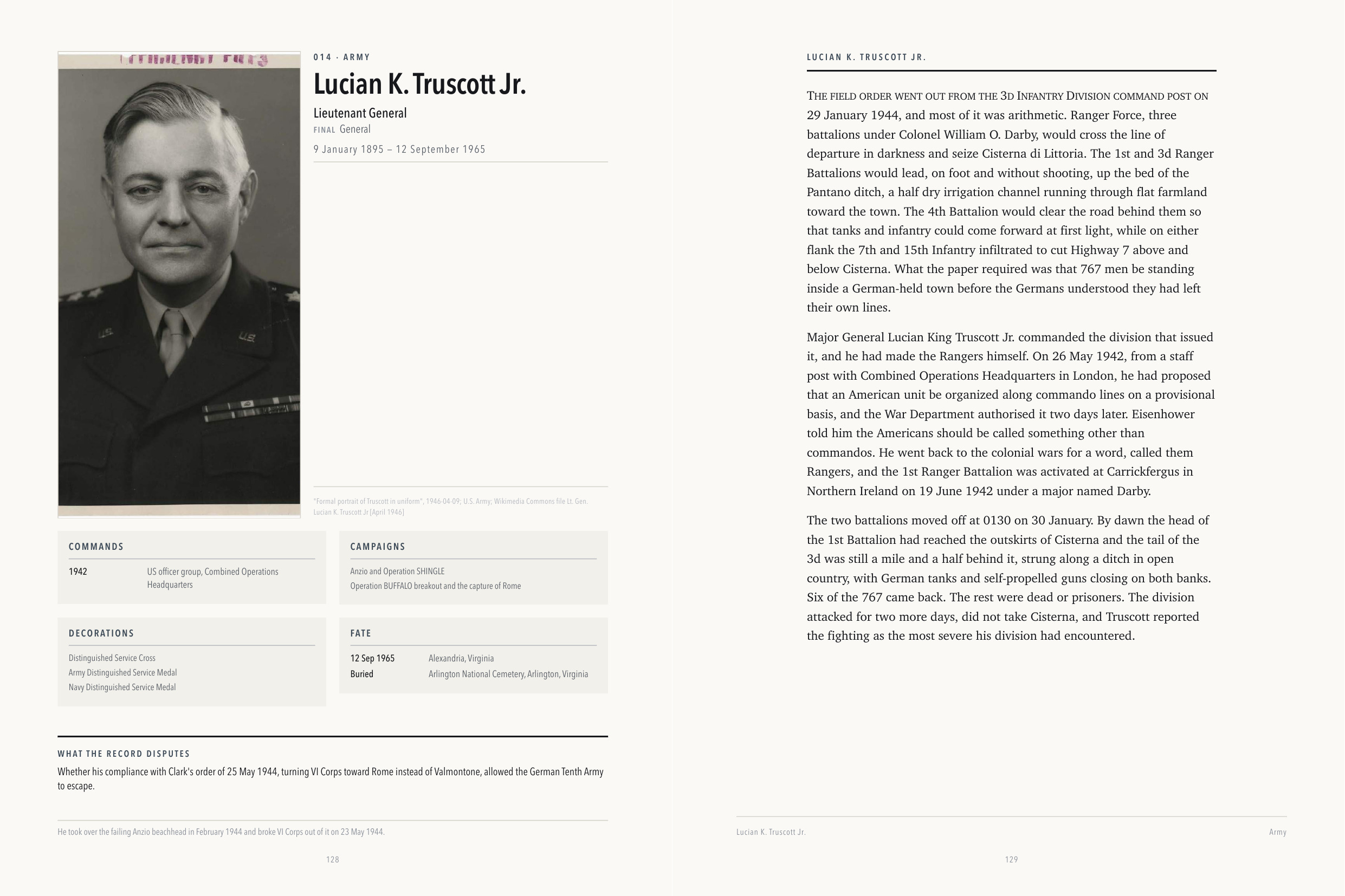 Facing pages showing Lucian Truscott’s data page and the opening of his researched narrative